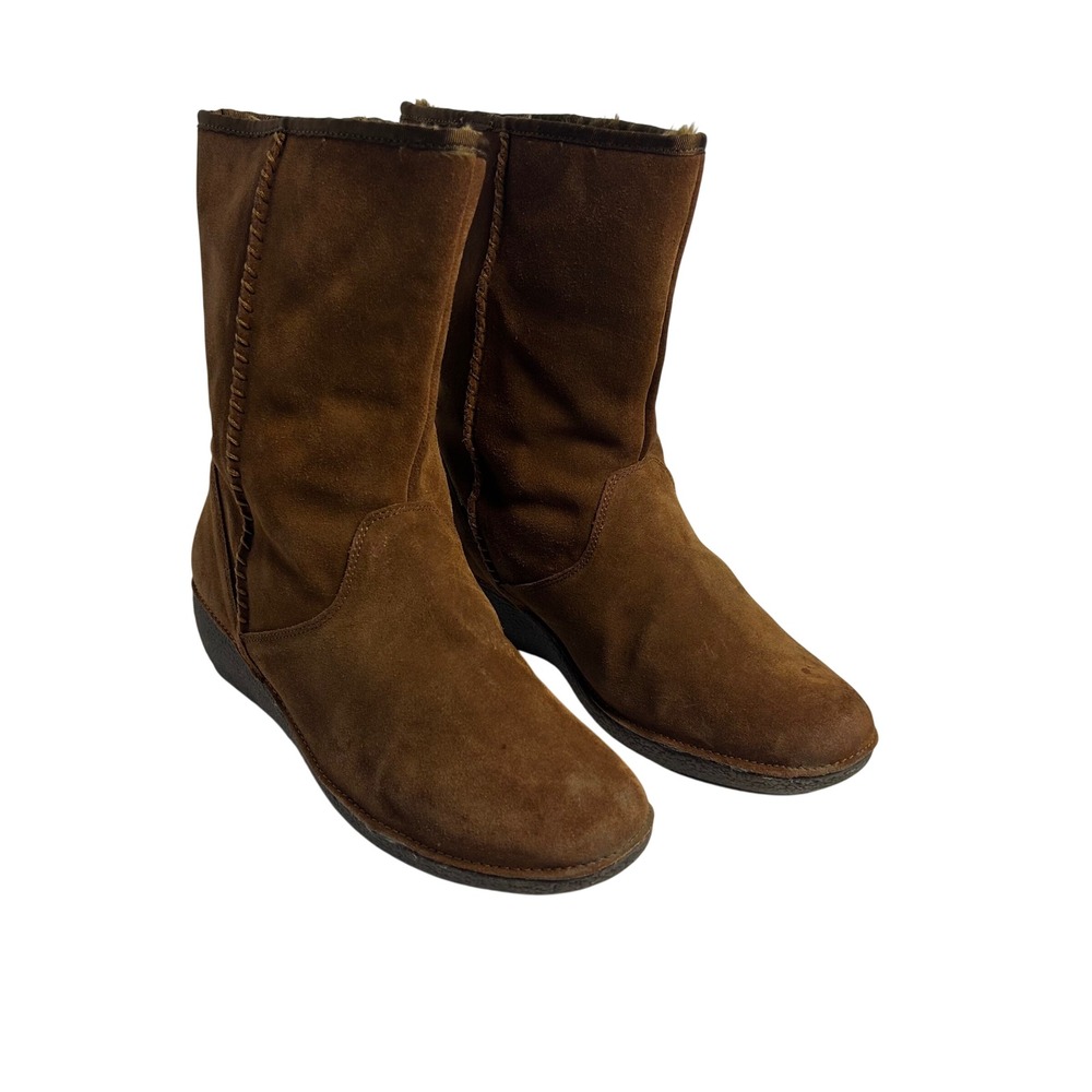 London Fog Becky Brown Suede Waterproof Faux Fur Lined Wedge Boots Womens 9M